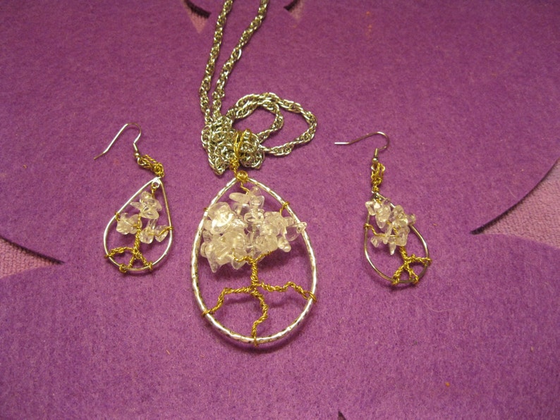 Teardrop HEALING TREE Necklace and Earring Set CRYSTAL Quartz
