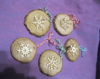 Rustic WOODEN CHRISTMAS Ornaments-With SNOWFLAKES