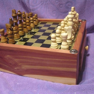WOODEN CHESS BOX and Carved Chess Set