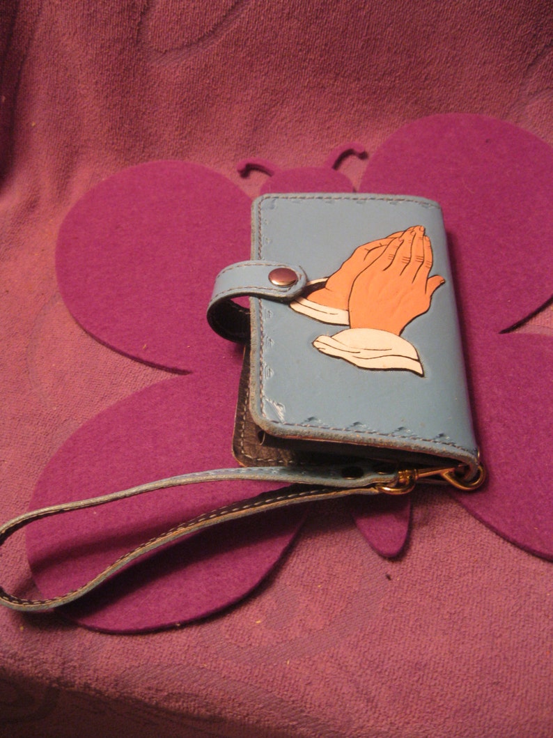 purchase discounts BLUE LEATHER PHONE Wallet With Praying Hands and Angel selling discounts