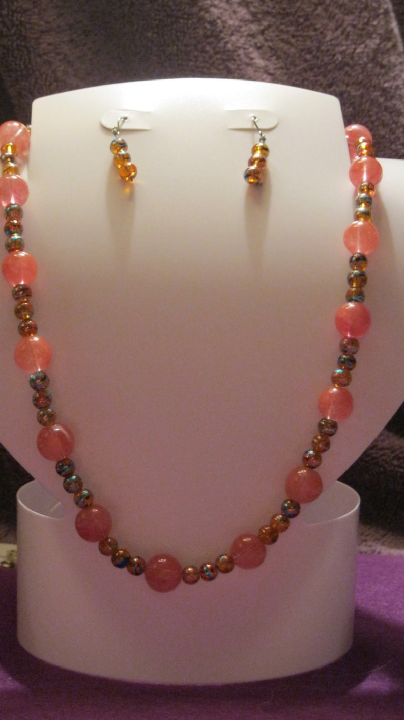 PEACH And BLUE IRIDESCENT Beaded Jewlery Set