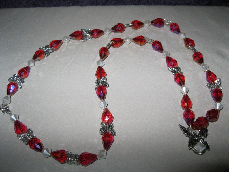 and Pierced Earrings RED and WHITE Beads with Metal BUTTERFLIES Jewelry Set includes Necklace one of a kind. Bracelet Handmade