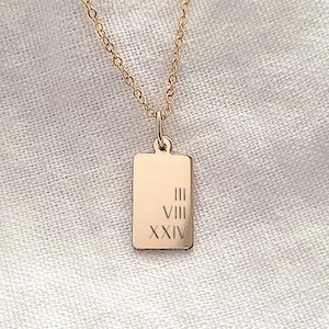 HARPER Pendant (#3) | 14k Gold Filled or Sterling Silver | Tiny Rectangle Tag | Custom Roman Numeral Dates | Add On Slide On Charm Pendant