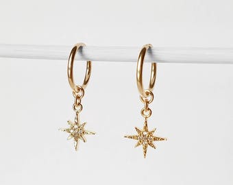 North Star CZ Hoop Earrings | dainty little endless hoops, small ear cuff, shiny star galaxy earrings, north star earrings
