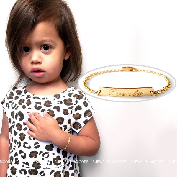 14k GF Personalized Baby Bracelet,Custom Initial Gold Fill Toddler Bracelet,Sterling Silver Birth Child ID Name Plate Flower Girl Gift Idea