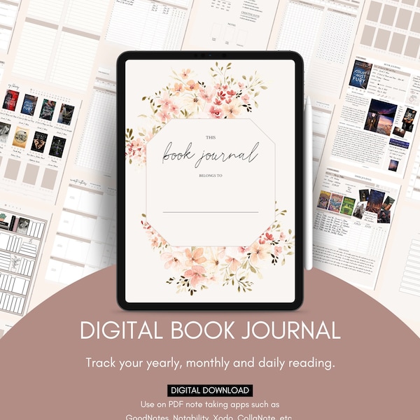 Digital Book Journal | Reading Journal | Book Reviews | Yearly Monthly Log | Series Library | Trackers | PDF Digital Download for Tablets