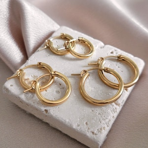 Classic Hoop Earrings 14k Gold Filled, Sterling Silver, Simple Click Easy Snap Huggies 2mm Thick 13mm, 15mm