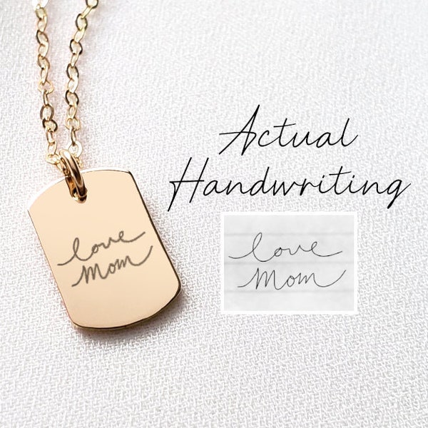 Actual Handwriting Necklace,14k Gold Fill Sterling Silver,Custom Dog Tag Necklace,Memorial Pendant,Custom Hand Written Charm,Memory Jewelry