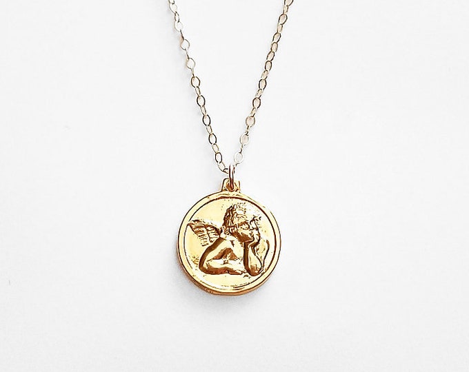 Angel Coin Necklace 14k Gold Filled Disc Etsy