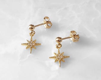 Tiny North Star CZ Earrings* 14k Gold or Rose Gold Filled,Sterling Silver *small dainty little spike shine galaxy, simple minimal jewelry
