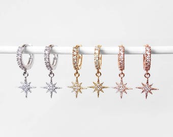 North Star CZ Hoop Earrings | dainty north star earrings, small ear cuff, shiny star galaxy earrings, huggie cuff earrings, snug ear jacket