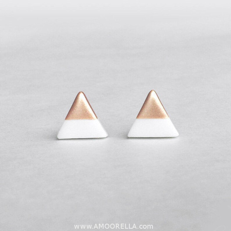 WHITE & ROSE GOLD Dipped Triangle Stud Earrings,Bridesmaid Earrings Bridesmaid gifts,Wedding Jewelry, Small Triangle Studs,Amoorella Jewelry 
