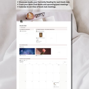 May include: A digital interface titled "Book Club" with a calendar, book covers, and navigation options. The interface includes the text "Add New Book Clubs", "Showcase books", and "Calendar & List View of book club meetings."