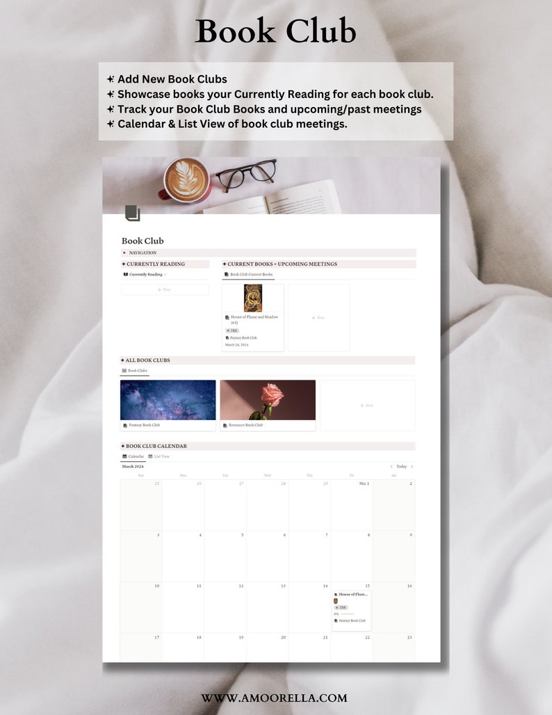 May include: A digital interface titled "Book Club" with a calendar, book covers, and navigation options. The interface includes the text "Add New Book Clubs", "Showcase books", and "Calendar & List View of book club meetings."
