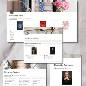 May include: A digital planner page titled "Log Your Favorites" with sections for books, quotes, authors, and characters. The page includes book covers, author photos, and quotes from various books. The website address is www.amoorella.com.