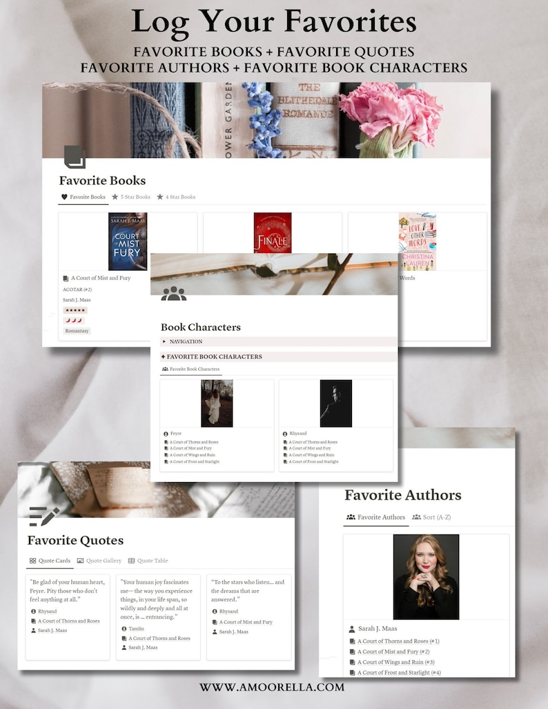 May include: A digital planner page titled "Log Your Favorites" with sections for books, quotes, authors, and characters. The page includes book covers, author photos, and quotes from various books. The website address is www.amoorella.com.