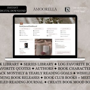 May include: A laptop screen displays a digital book journal dashboard. The screen shows options for a book library, series library, favorite quotes, and more. Text at the top reads "Instant Digital Download" and "Use on Notion (FREE App)." Below the screen are more text options.