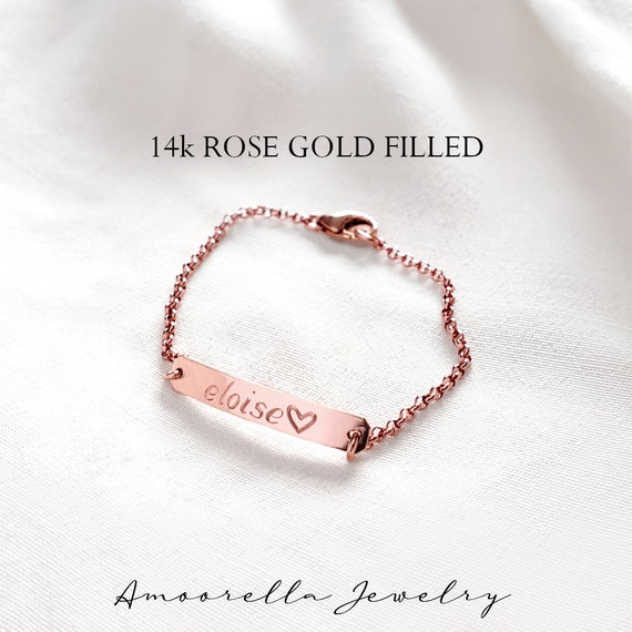 14K GF Personalized Baby Bracelet Custom Initial Gold Fill Toddler Bracelet Sterling Silver Birth Child ID Name Plate Flower Girl Gift Idea