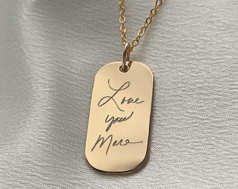 Actual Handwriting Necklace,14k Gold Fill Sterling Silver,Custom Dog Tag Necklace,Memorial Pendant,Custom Hand Written Charm,Memory Jewelry