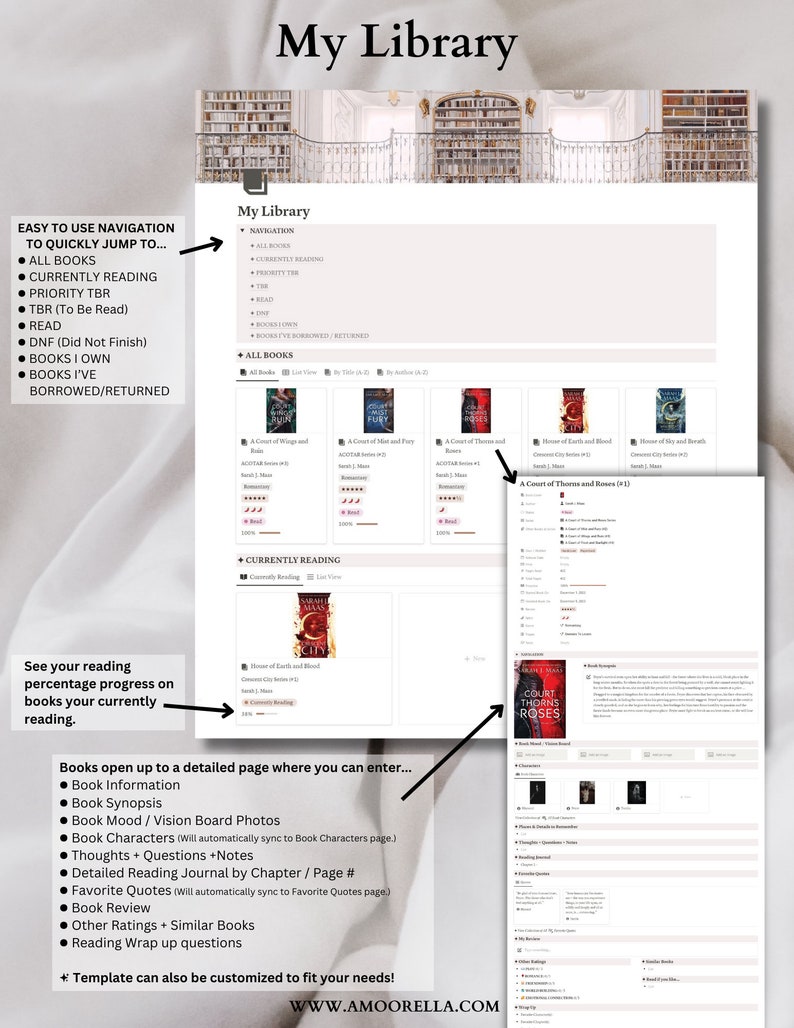 May include: A digital library template with the title "My Library" displayed at the top. The template includes navigation options, book details, and reading progress tracking. The website address www.amoorella.com is visible at the bottom.
