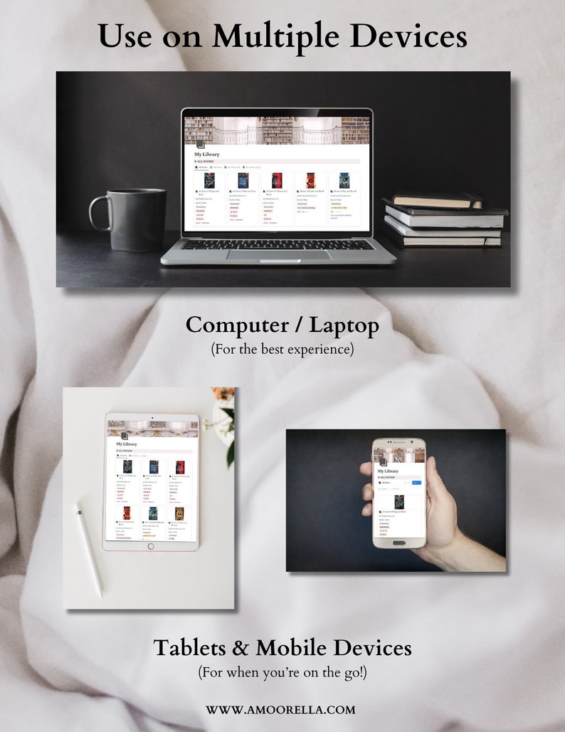 May include: Image showcasing a website interface on a laptop, tablet, and smartphone. The text "Use on Multiple Devices" and "Computer / Laptop" are displayed. The website is also shown on a tablet and a smartphone. The text "Tablets & Mobile Devices" and the website address are also visible.