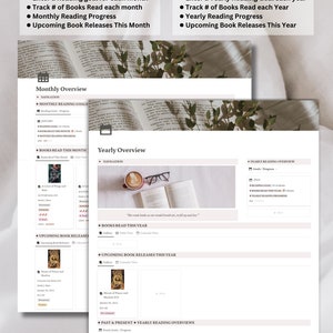 May include: A digital planner with monthly and yearly reading overviews. The planner includes sections for reading goals, tracking books read, progress, and upcoming releases. The text includes "Monthly & Yearly Overviews" and "www.amoorella.com".