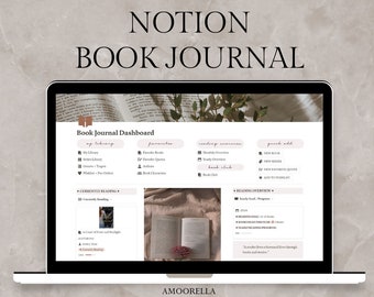 Może przedstawiać: Ekran laptopa wyświetlający pulpit nawigacyjny dziennika książki Notion. Ekran pokazuje sekcje dla biblioteki, ulubionych, przeglądu czytania i szybkiego dodawania. Tekst "NOTION BOOK JOURNAL" znajduje się na górze. Tekst "AMOORELLA" znajduje się w prawym dolnym rogu.