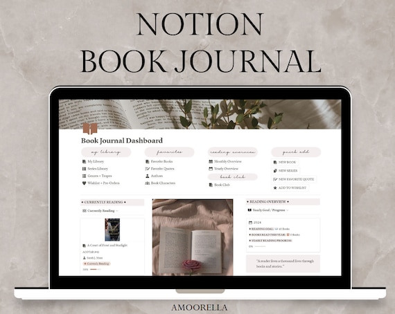 Notion Book Journal | Digital Reading Log | Review Tracker | Yearly Monthly Overview | Series Library Favorite Quotes | PDF Instant Download
