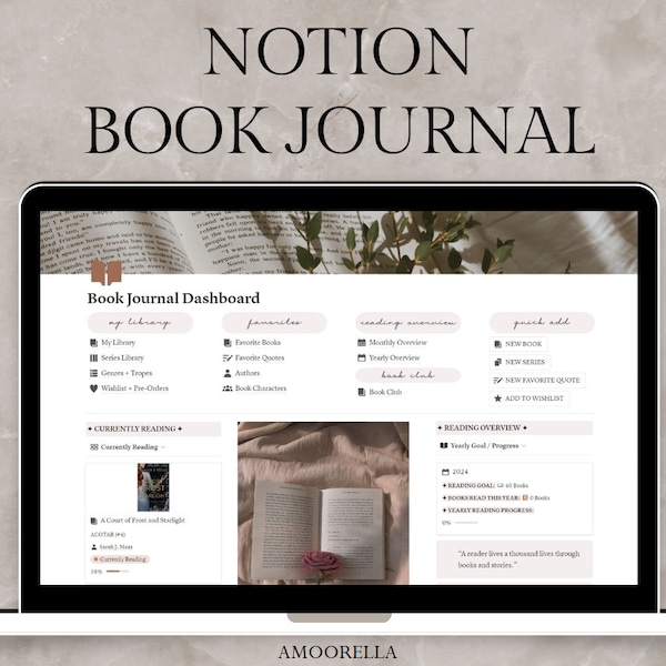 Notion Book Journal | Digital Reading Log | Book Reviews | Yearly Monthly Overview | Series Library | Favorite Quotes | PDF Instant Download