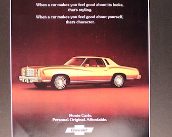 1977 Chevrolet Monte Carlo Magazine advertisement /Vintage ad/ Chevy/ New American Road Car/ Cool Men&#39;s gift/ automobile/ Cool Women&#39;s gift