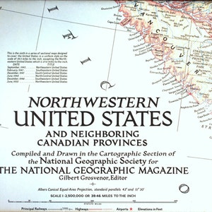 アメリカ北西部とカナダ 1950 年代のビンテージ マップ/地図作成/ワシントン/オレゴン/アイダホ/モンタナ/ブリティッシュ コロンビア/サスカチュワン/アルバータ