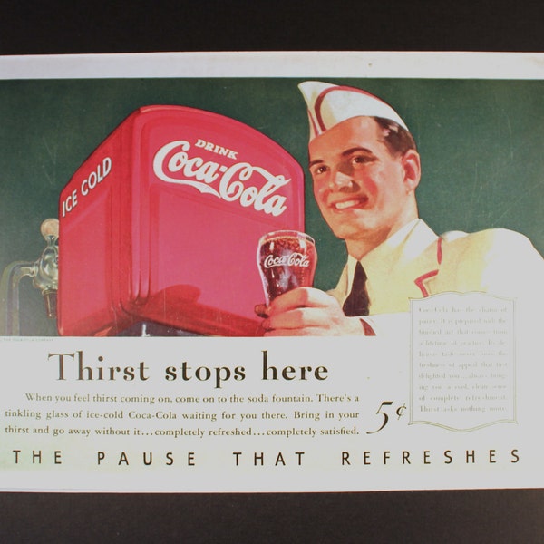 1940 Coca-Cola "Thirst Stops Here" Magazine Advertisement/Vintage ad /retro ads/1940s /Coke//Coca Cola/cool men's gift/ Pause that refreshes