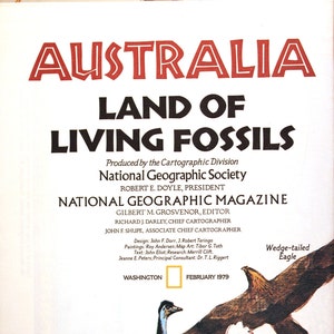 Australien: Land der lebenden Fossilien Vintage-Karte/ Australien/ National Geographic/ Kartographie/ Karten/ Wildtiere/ Koala/ Känguru/ tasmanischer Teufel