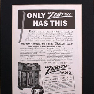 1940 Zenith Electrostatic Radio Revista Anuncio/Anuncio vintage/anuncio de revista/retro/cartel publicitario/década de 1940/Electrónica/Radio/Estéreo