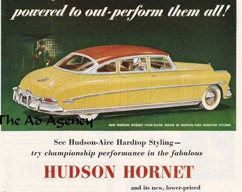 1952 Hudson Hornet Magazine Advertisement -vintage magazine advertising/automotive art/automobile decor/automobilia/cool men's gift