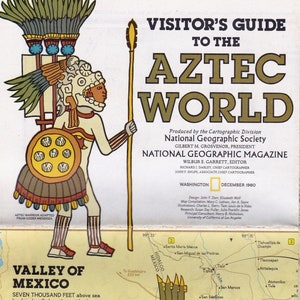 May include: A vintage map of the Valley of Mexico, showing the location of the Aztec Empire. The map is illustrated with a warrior in traditional Aztec garb, holding a spear and shield. The map includes a key with symbols for archaeological sites, points of interest, roads, and railroads. The map is titled "Valley of Mexico" and includes the text "Seven Thousand Feet above sea level and walled on three sides by mountain ranges, the Valley of Mexico has provided a favorable environment for man since the Glacial epoch."