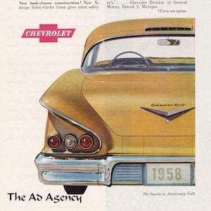1958 Chevrolet Impala Anniversary Gold Magazine Advertisement/vintage magazine ad/automotive art/automobile decor/ cool men&#39;s gift/1950&#39;s