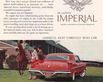 May include: A vintage advertisement for the Imperial Le Baron four-door Southampton car. The ad features a red car with a white roof and chrome accents. The text reads "How's your sporting blood?" and "The Ad Agency" with a red eagle logo. The tagline is "America's Most Carefully Built Car."