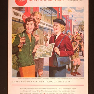 1958 Coca-Cola "Brussels World's Fair" Magazine Ad /Vintage advertising/retro ads /1950s/ Coke/ c ool men's gift/ Belgium/ European capitals