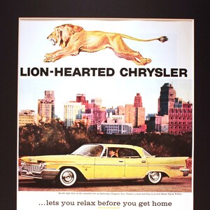 1959 Lion-Hearted Chrysler New Yorker Magazine Ad/vintage auto advertisement /auto art/automobile decor/automobilia/cool men&#39;s gift/ 1950&#39;s