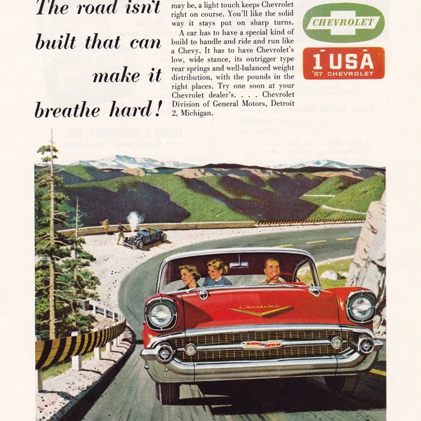 1957 Chevrolet Magazine Advertisement/vintage magazine ad/automotive art/automobile decor/automobilia/cool men's gift/1950's