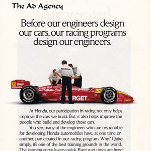 May include: An advertisement for Honda featuring a red and yellow race car with the word "TARGET" on the side. The ad includes text about Honda's racing program and its impact on engineering.