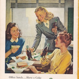 1947 Coca-Cola &quot;Office Lunch ,,,Have a Coke&quot; Magazine Advertisement/Vintage advertising/retro ads/1940s/Coke/Coca Cola/cool men&#39;s gift
