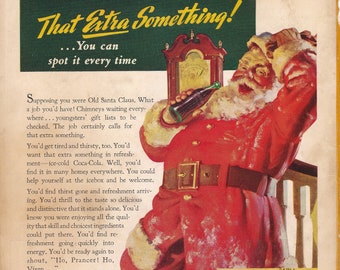 1942 Coca Cola Santa Claus Ad Coke /vintage Christmas / "That Extra Something" /jolly old Saint Nick /Cool men's gift/ Cool women's gift