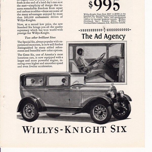 1928 Willys-Knight Six Magazine Advertisement/vintage magazine ad/automotive art/automobile decor/ cool men's gift/ auto history 1920's cars