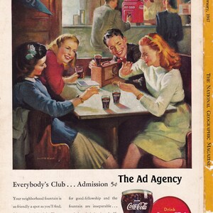 1947 Coca-Cola &quot;Everybody&#39;s Club - Admission 5 cents Magazine Advertisement/ Vintage ad /retro ads/1940s /Coke/ Coca-Cola/ cool men&#39;s gift