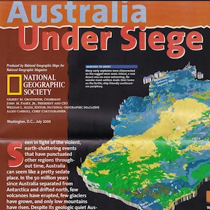 Landkarte Australia Under Siege/ Australien/ National Geographic/ Kartographie/ Landkarten/ Wildlife/ Koala/ Känguru/ Tasmanischer Teufel