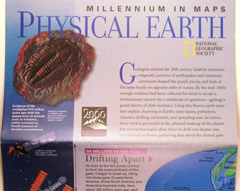 Millennium in Maps Physical Earth vintage map-chart of the world/ National Geographic/ plate tectonics/ continental drift/ volcanoes