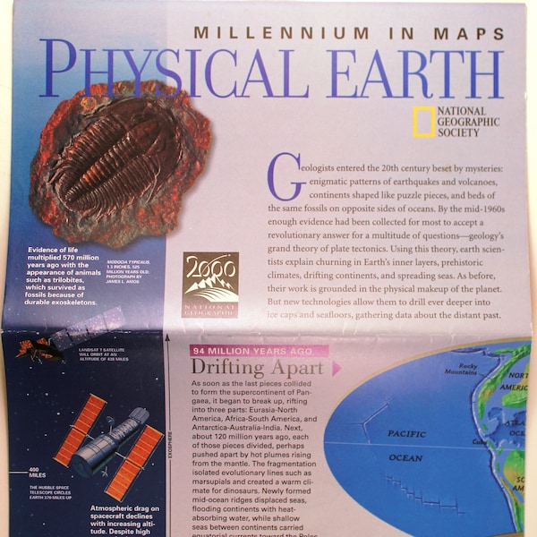 Millennium in Maps Physical Earth vintage map-chart of the world/ National Geographic/ plate tectonics/ continental drift/ volcanoes