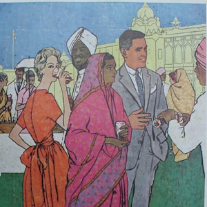 May include: A vintage Coca-Cola advertisement featuring a group of people enjoying a refreshing drink in a colorful setting. The ad features the iconic Coca-Cola logo and the tagline "Sign of Good Taste."